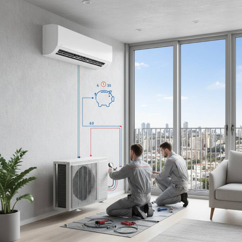 Profesjonalny montaż klimatyzacji ściennej typu split w mieszkaniu przez montera, określający koszty instalacji systemu chłodzenia.