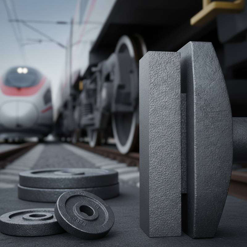 Wstawka klocka hamulcowego z żeliwa fosforowego zamontowana przy kole wagonu kolejowego, zapewniająca bezpieczeństwo i efektywne hamowanie pociągu.