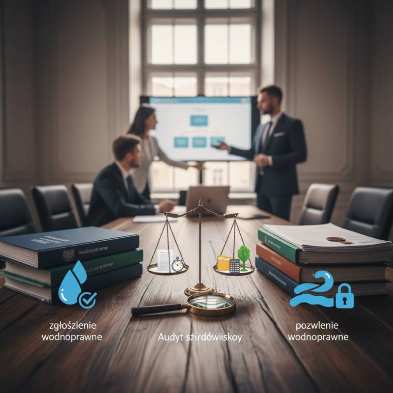 Dokumentacja i pieczątki dotyczące zgłoszenia oraz pozwolenia wodnoprawnego na biurku przedsiębiorcy, ilustrujące różnice w procedurach prawa wodnego.