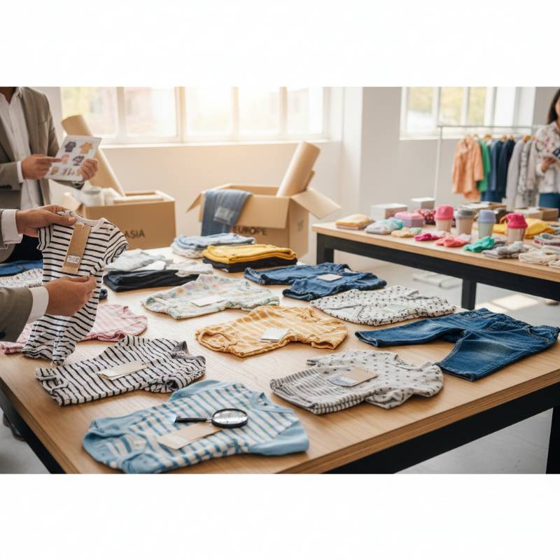 Kolorowa odzież dziecięca na wieszakach w hurtowni, prezentująca wysokiej jakości towar do dalszej odsprzedaży w cenach hurtowych.